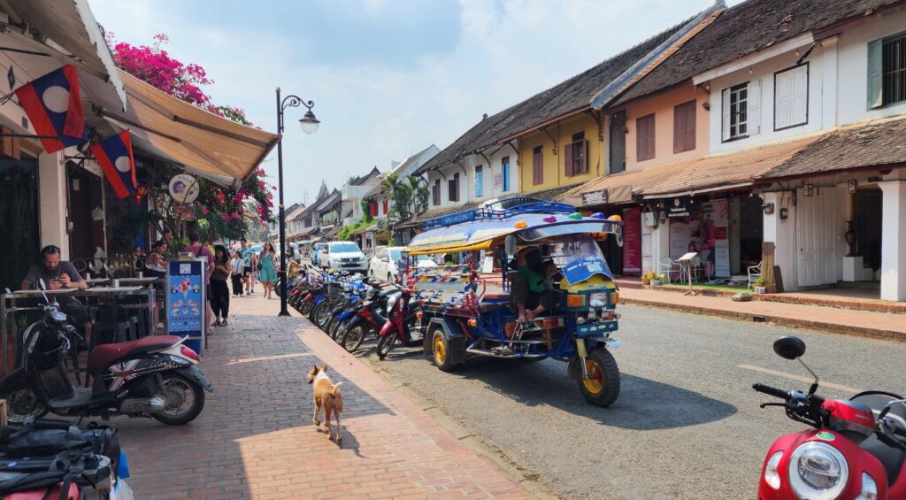 Tuk tuk transport in Luang Prabang and Laos 2024 - tourist main street 