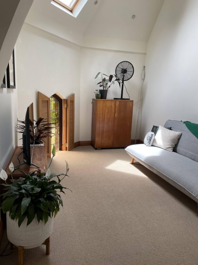 Bright living space featuring a soft couch, a fan, plants, and wooden storage cabinet.