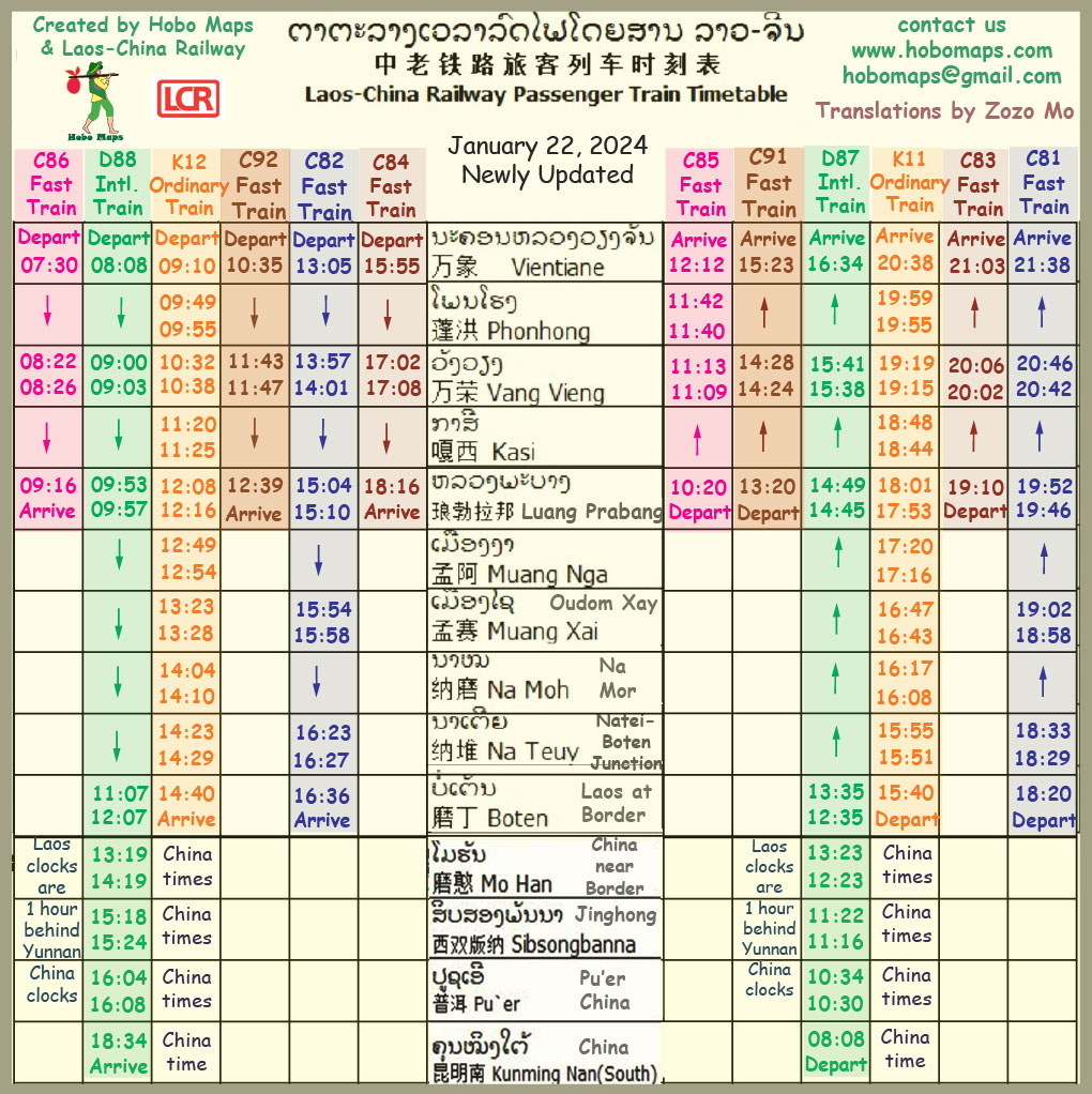 China-Laos Railway Train timetable 2024